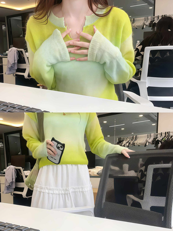 草绿色渐变针织衫T恤女2025夏日莫兰迪色穿搭多巴胺独特绝美上衣|undefined