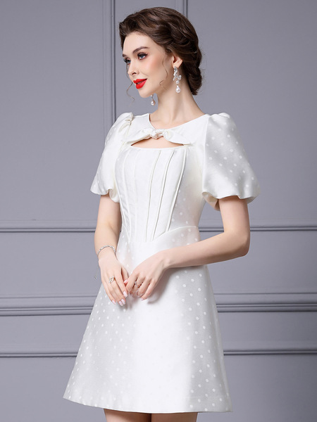 Fashionable and Exquisite Neckline Bow Bubble Sleeve A-line Dress Short Summer