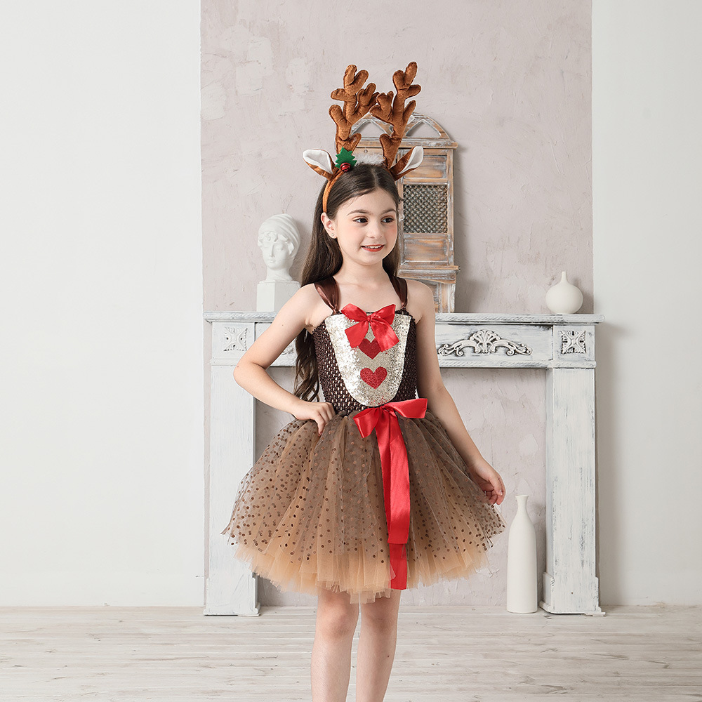 亚马逊圣诞小鹿连衣裙节日扮演红鼻子驯鹿鲁道夫儿童网纱公主裙