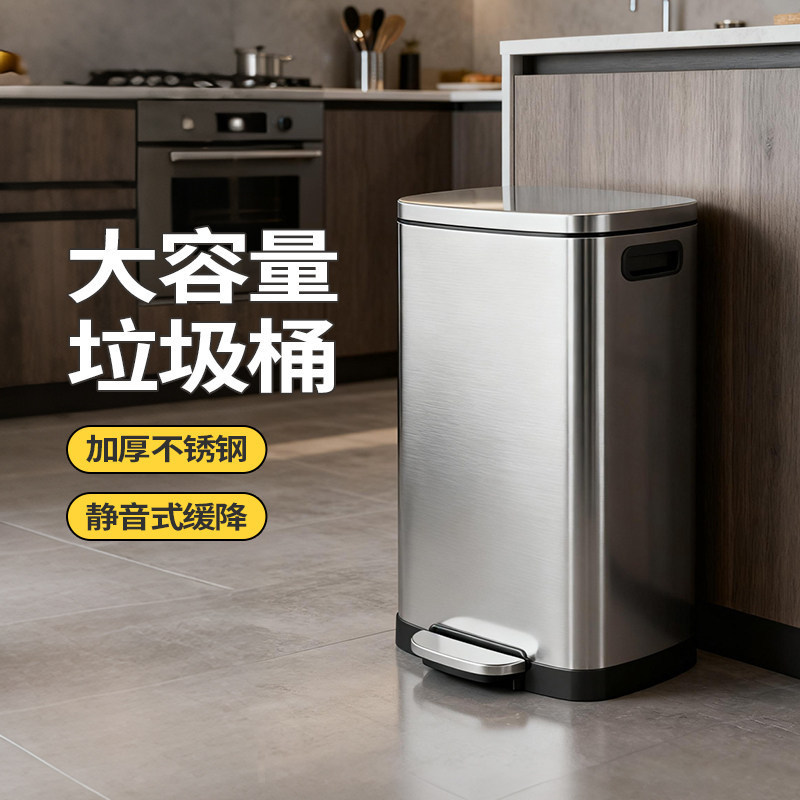 Stainless Steel Trash Can Kitchen Household Pedal Type with Lid Hotel Office Commercial Extra Large Capacity 50 Liters