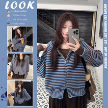 韩系休闲百搭条纹连帽针织开衫女秋冬新款宽松慵懒毛衣外套上衣服