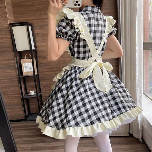 Japanese cute style lolita maid outfit sexy cosplay maid uniform dress black and red plaid plus size