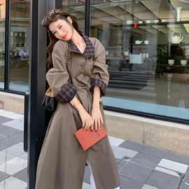 复古撞色格纹拼接腰带长款风衣外套女2025秋季英伦风休闲廓形外套