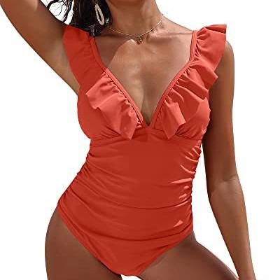 2024 Amazon nuevo traje de baño de una pieza plisado para mujer traje de baño plisado con cuello en V image 4