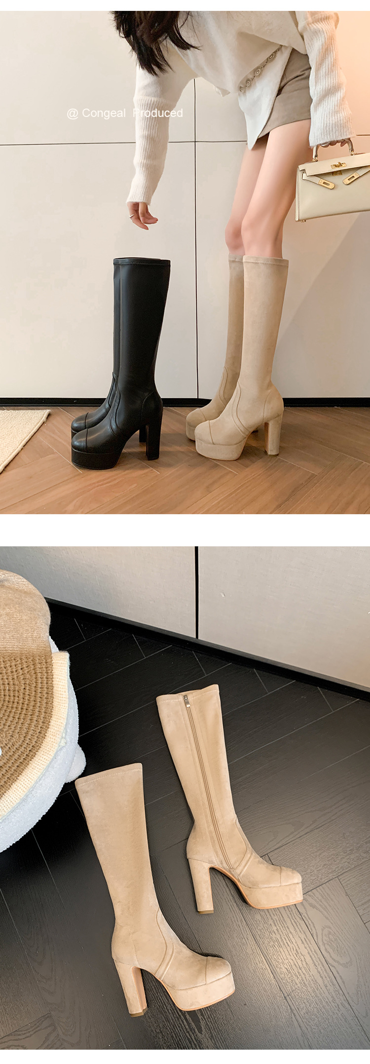 Boot nữ cổ cao ôm bắp chân gót 11cm đế platform mũi tròn — Quả mơ ống nhỏ đơn li, Lớp lót nhung lớn màu đen, Lớp lót nhung ống nhỏ màu mơ, Ống nhỏ màu đen đơn li chi tiết 12