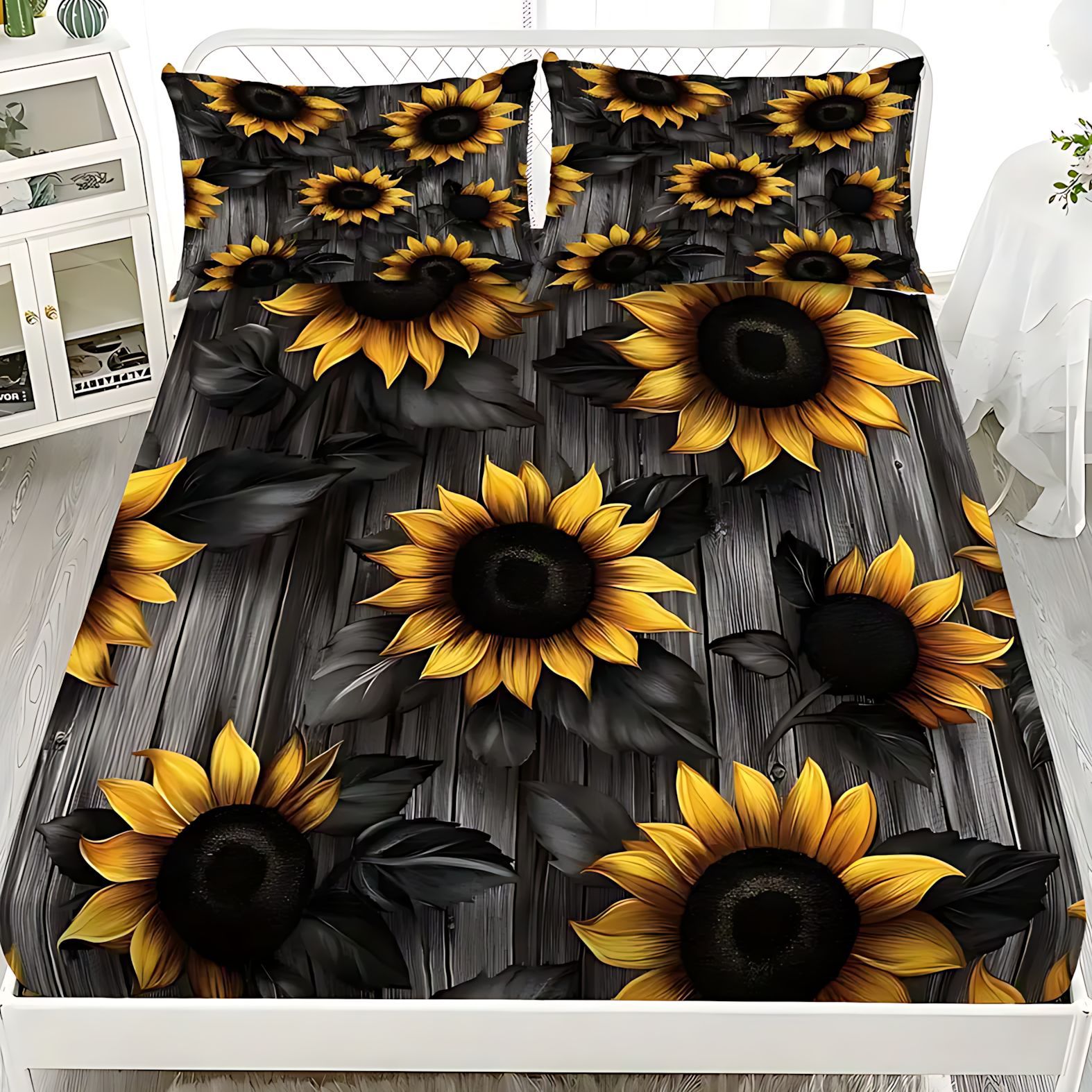 TEMU / JIT transfronterizo brillante girasol HD impresión digital cama suave gaza almohada conjunto de dibujo puede hacer