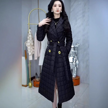 蓄热棉加厚棉衣外套2025冬季爆款黑菱格亮丝长款加棉大衣女高端气