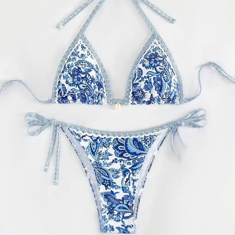 2025 Printed Drawstring Bikini Bikini European and American Strappy Sexy Split Suit Swimsuit Women's Sports Fashion