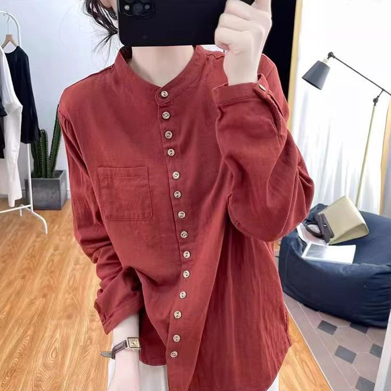 Spring and Autumn New Versatile Loose Long-Sleeve Cotton and Linen Shirt with Stand Collar and Single-Breasted Design, Artistic Retro Women's Top Spring and Autumn New Versatile Loose Long-Sleeve Cotton and Linen Shirt with Stand Collar and Single-Breasted Design, Artistic Retro Women's Top