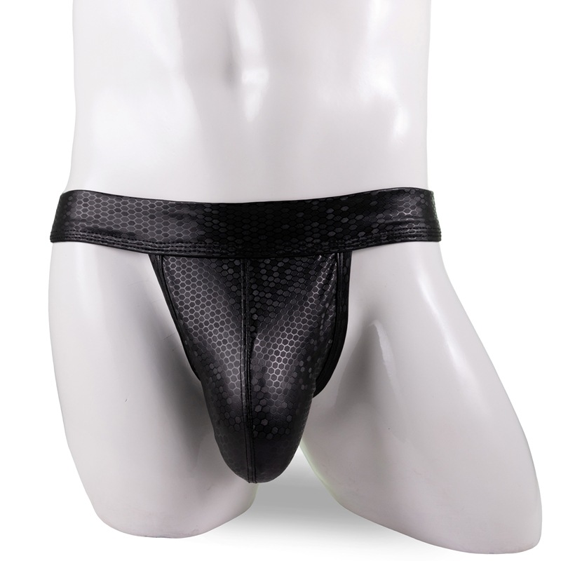 Cross-Border Men's Imitation Leather Sexy Underwear Set Double U Convex Bag Low Waist Thin Nightclub See-Through Swimming Trunks Set