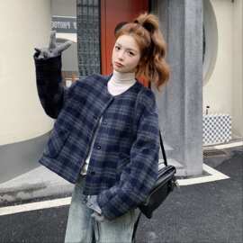 复古格纹保暖双面毛呢外套女百搭2025款宽松百搭小个子学院风大衣