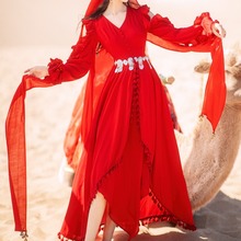 茶卡盐湖出游复古红色连衣裙异域风情民族风流苏不规则沙漠长裙子