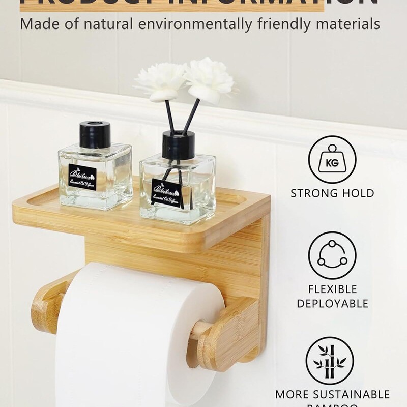 Wooden Toilet Paper Holder with Shelf, Adhesive Bathroom Toilet Paper Holder, Toilet Paper Holder