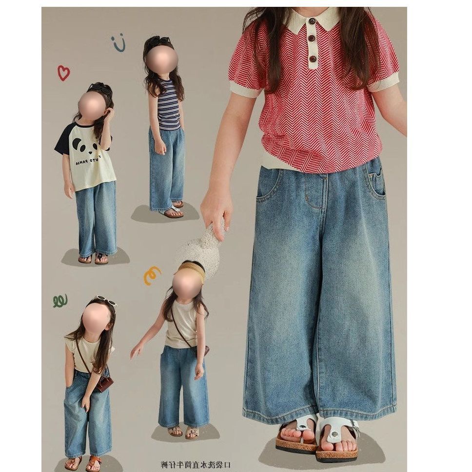 Girls' Washed Straight-Leg Jeans, New Autumn Style, Korean Version, Stylish Wide-Leg Jeans for Young Children, Wholesale Available