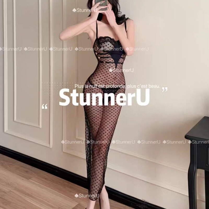 New Plus-Size Lingerie with Lace Mesh, See-Through Slim-Fit Camisole Dress, Hot and Sexy One-Piece Gloves with Open Back