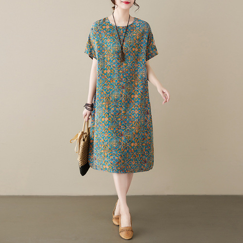 Floral Summer New Cotton Linen Retro Plus Size Loose Mother Slimming Dress Short Sleeve Dress Elegant