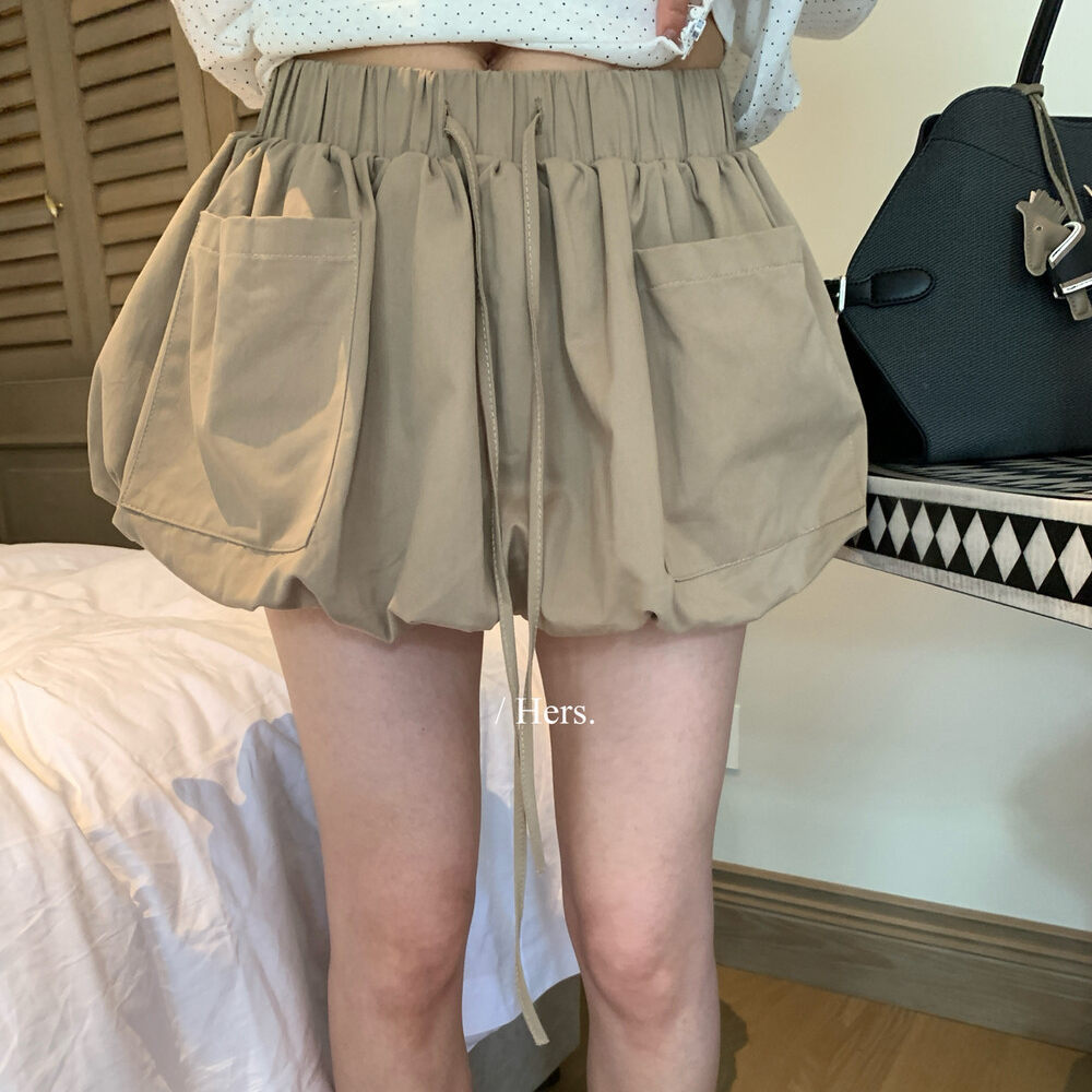 Quần short nữ cạp cao dáng nụ hoa thiết kế rút dây ống rộng thoải mái — Xanh da trờicolor, màu mơ, màu kaki