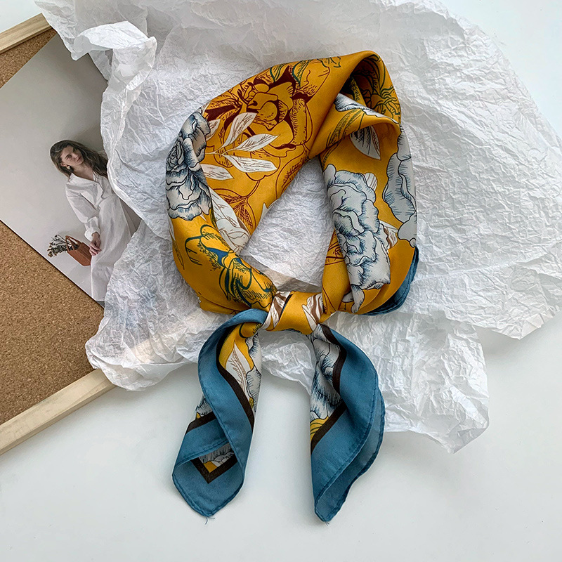 Bufanda de seda, bufanda cuadrada pequeña, sensación premium, nuevo estilo coreano, chal de seda de imitación dulce y fresco, bolso de flores, pañuelo en la cabeza, cinturón para el cabello