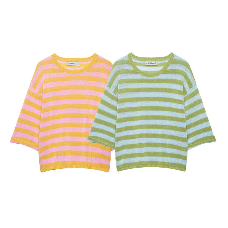 Casual style women's knitted sweater with stripes, round neck, loose fit, slimming effect, three-quarter sleeves, sun protection top, home casual striped T-shirt Casual style women's knitted sweater with stripes, round neck, loose fit, slimming effect, three-quarter sleeves, sun protection top, home casual striped T-shirt