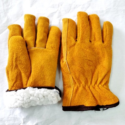 Foreign trade Source of goods Manufactor supply yellow Cow Split Sheep Plush keep warm Lining 10 Inch winter gloves