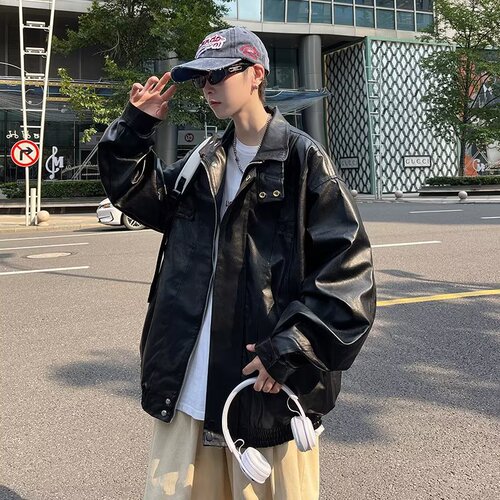Vintage Hong Kong Style Collar Biker Jacket  New Retro Casual Cool Loose Collar Black Leather Jacket for Men