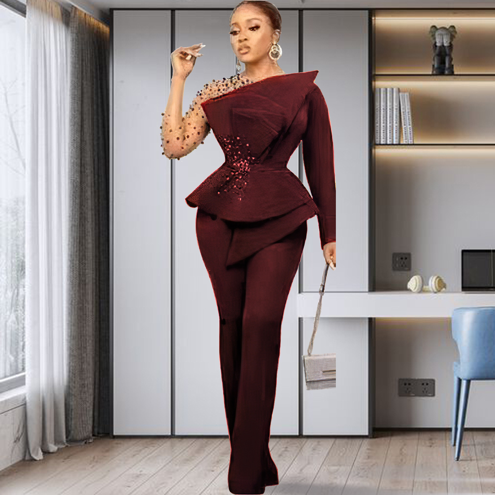 Completo pantalone donna taglie forti con dettagli in mesh e perle_voghion.com