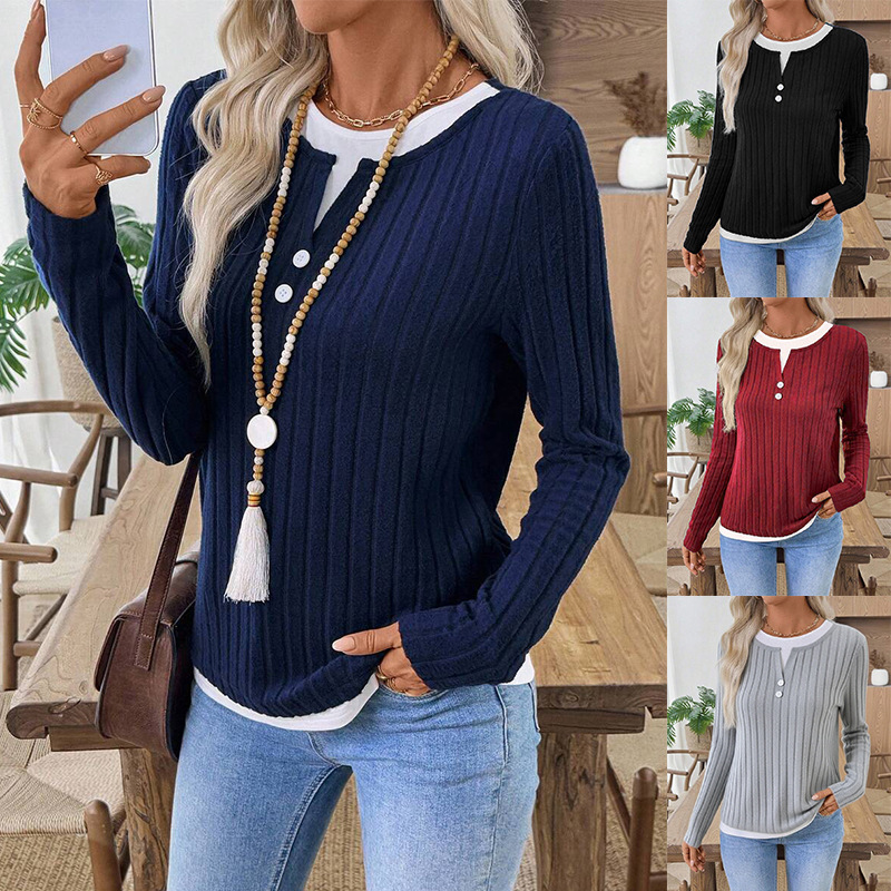 European and American Cross-Border Amazon 2025 Autumn and Winter New Women's Fake Two-Piece Round Neck Button Pullover Brushed Long-Sleeved T-Shirt
