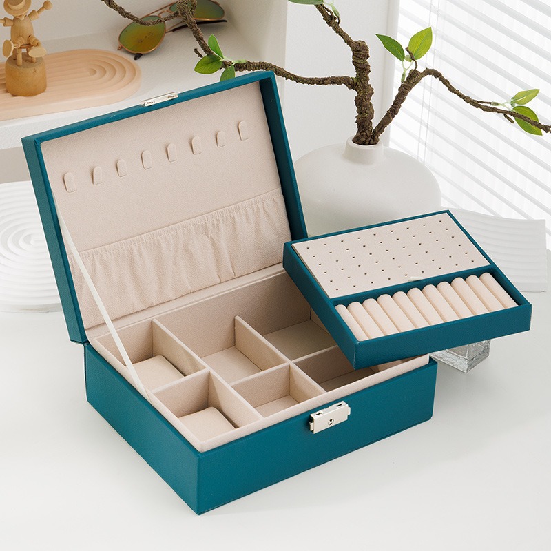 Nueva almohada de doble reloj con cerradura joyería de madera de doble capa caja de joyas pendientes caja de almacenamiento caja de joyería caja de regalo al por mayor