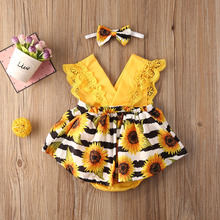 Newborn Baby Girl Clothes Lace Ruffle Sunflower Print Romper