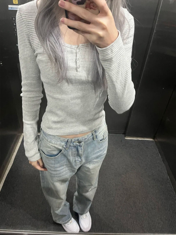 美式复古灰色条纹纽扣U领长袖T恤女早春修身打底衫甜辣bm短款上衣|undefined