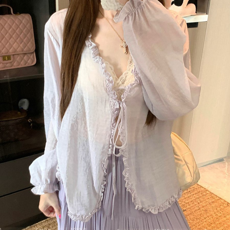 2026 super popular on Instagram, gentle style ruffled V-neck tie thin shirt for women, summer plus size sun protection cardigan 2026 super popular on Instagram, gentle style ruffled V-neck tie thin shirt for women, summer plus size sun protection cardigan