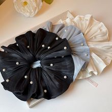 2025新款法式流光锻面褶皱珍珠大肠发圈女低马尾雪纺头花头饰发饰