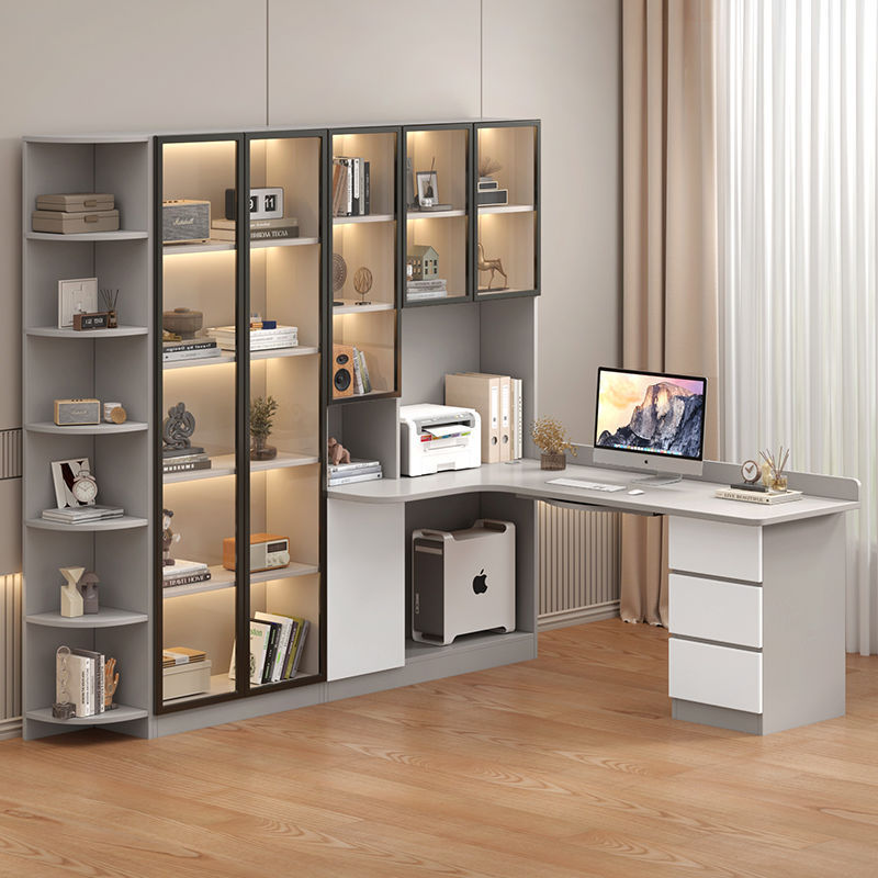 Solid Wood Light Luxury Corner Desk with Bookshelf, Integrated Computer Desk and Bookcase Combination for Bedroom, Home Use, Student Study Desk, Writing Desk