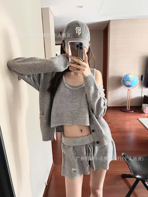 现货正确版 alo华夫格套装连帽针织衫休闲长袖上衣运动裤短裤背心|undefined