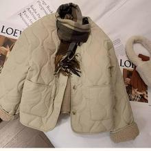 棉衣女2025秋冬新款宽松圆领菱格棉服粉色仿羊羔绒外套保暖棉服女