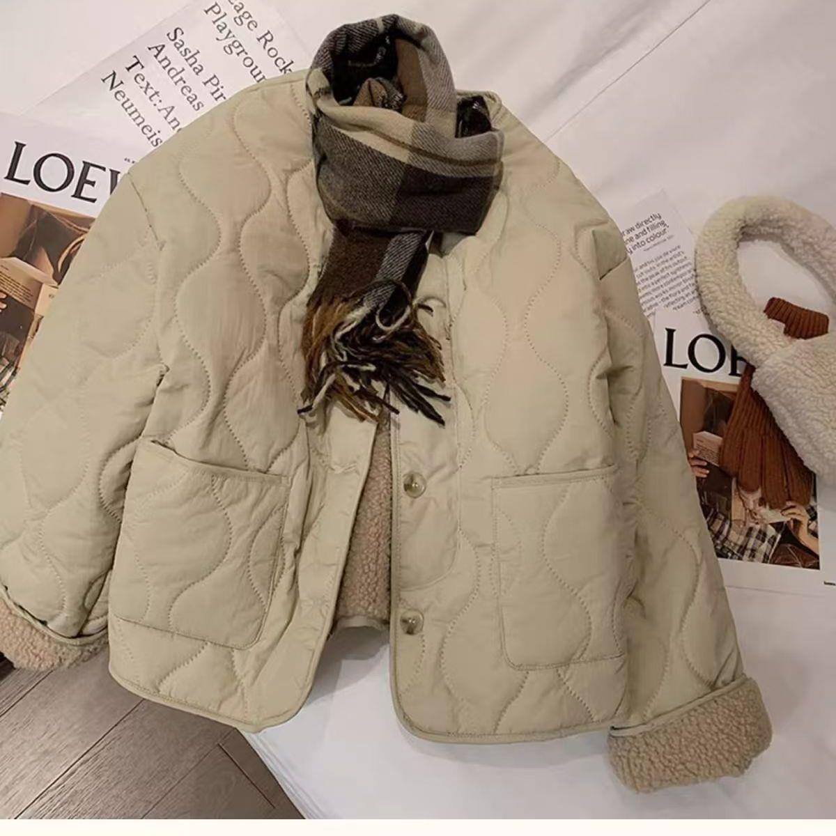 棉衣女2025秋冬新款宽松圆领菱格棉服粉色仿羊羔绒外套保暖棉服女