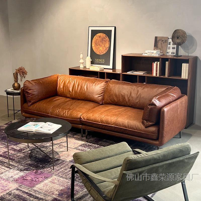 Retro American Oil Wax Leather Sofa Living Room Small Apartment Straight Row Simple and Elegant French Mid-Century Style Leather Sofa