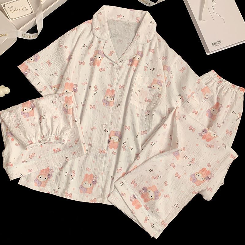 Japanese Style Instagram Style Hello Kitty Cloud Cotton Pajamas Women's Summer Short-sleeved Cute Student's New Style Home Clothes Autumn Three-piece Set Japanese Style Instagram Style Hello Kitty Cloud Cotton Pajamas Women's Summer Short-sleeved Cute Student's New Style Home Clothes Autumn Three-piece Set
