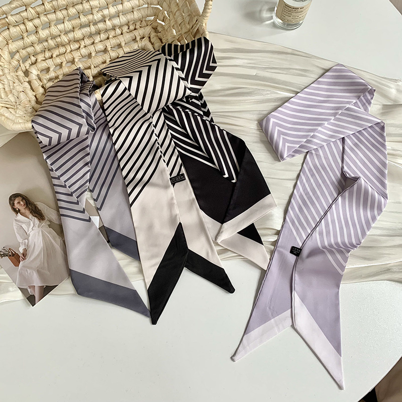 Pañuelo de seda de satén Pañuelo de seda de tira larga para mujer, nuevo estilo de verano, bolso atado, cinta, todo fósforo, bufanda pequeña, pañuelo para el cabello, cinturón para el cabello