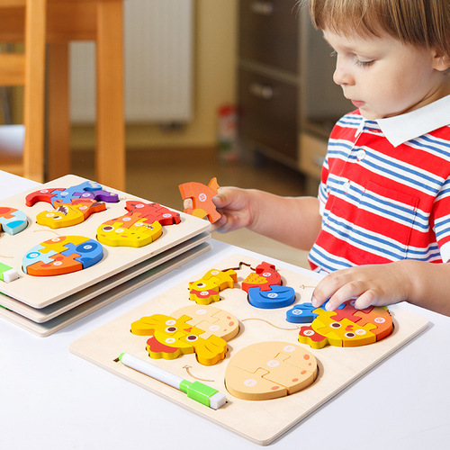 CPCE certified early education enlightenment three-dimensional puzzle growth life cycle puzzle with drawing board young children's wooden toys