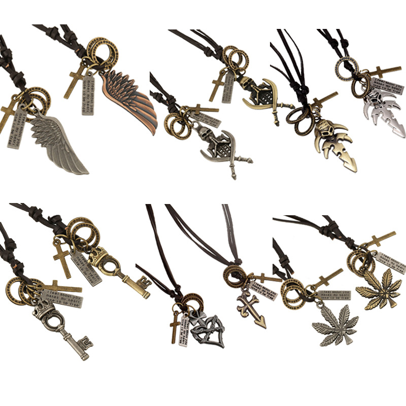 Angel Wings Genuine Leather Necklace AliExpress Hot Selling Cowhide Necklace European and American Popular Men's Necklace Crown Key