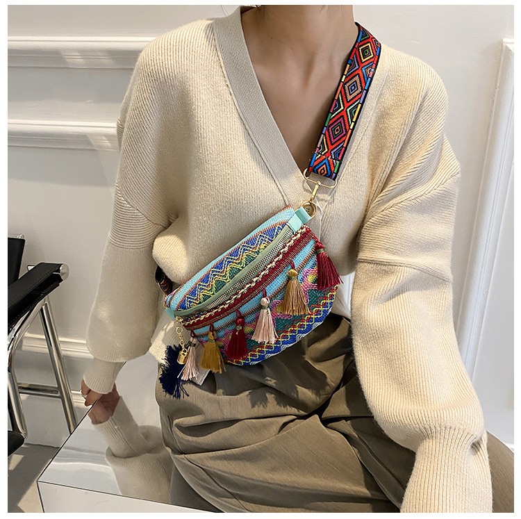 Venda quente pequeno peito perfumado tecido estilo étnico cor contrastante borla nova fita cintura bolsa crossbody tendência_voghion.com