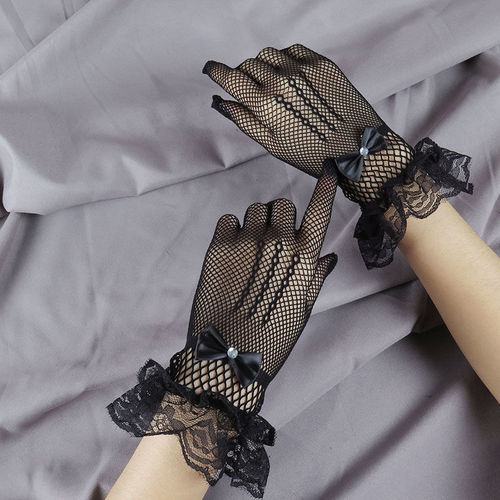 Thin mesh gloves for women, hollow sexy sexy black lace wedding gloves, hot diamond bow gloves