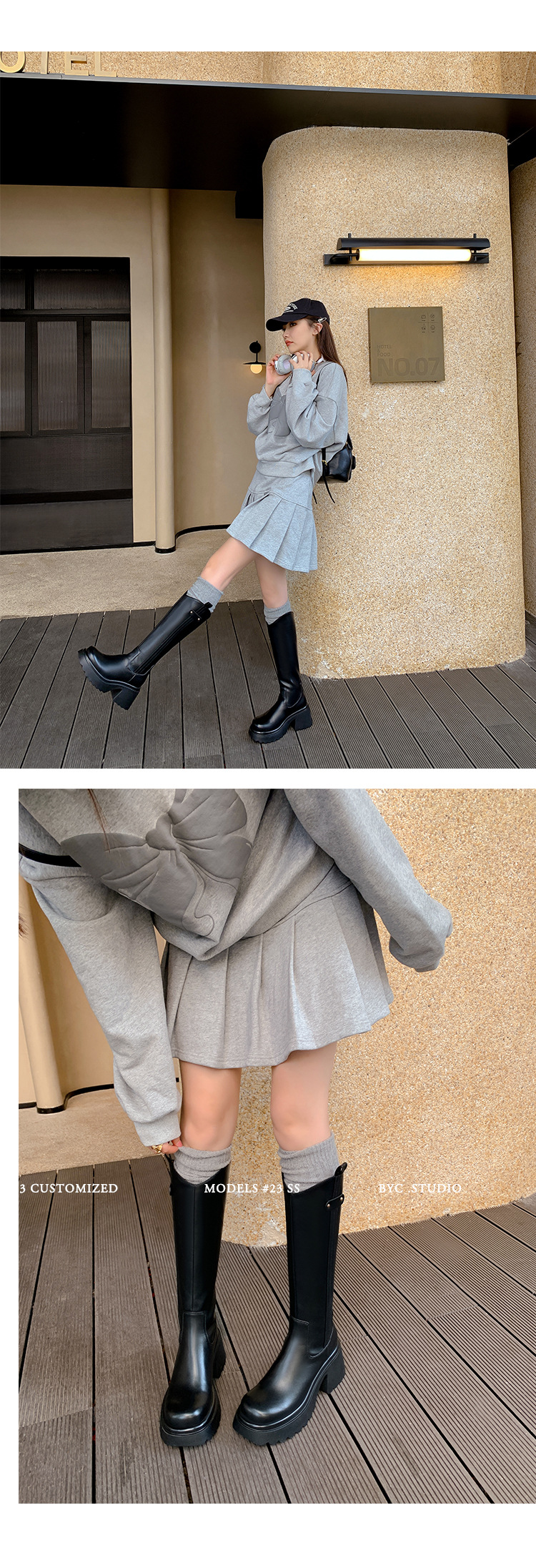 Boot nữ cổ cao mũi tròn gót vuông dày 9 cm, phong cách kỵ sĩ V-cut — Ống lớn màu nâu sẫm lót một lớp chi tiết 15