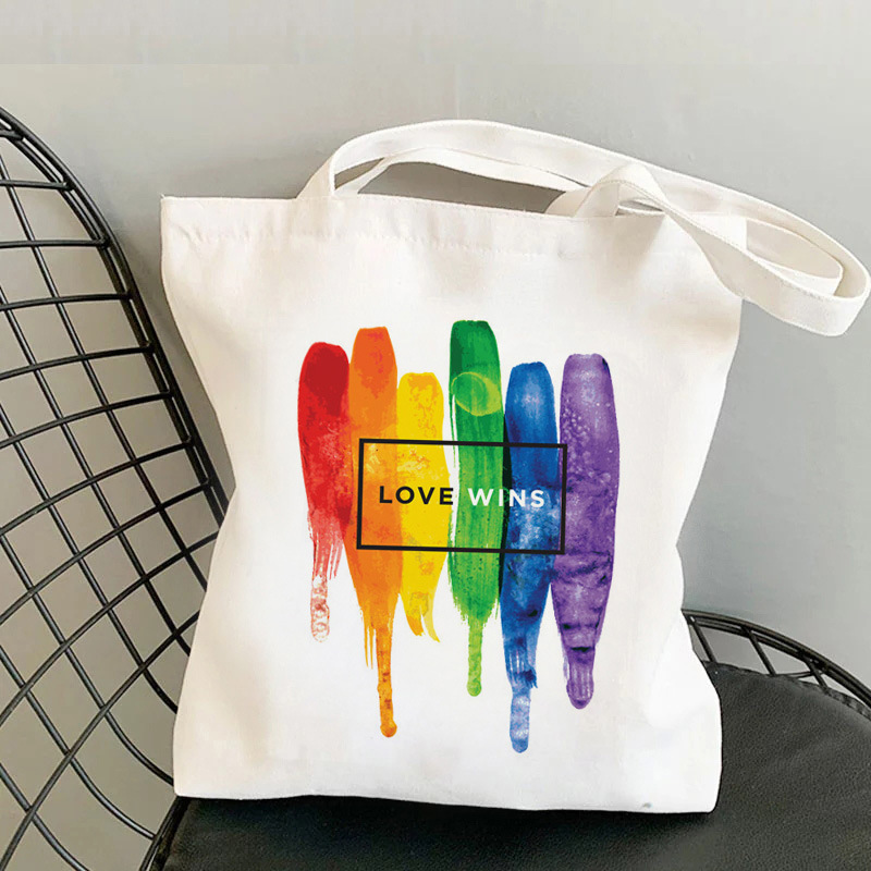 Cross-Border Foreign Trade Single Canvas Bag with Rainbow Heart Print, Women's Canvas Tote Bag, Dropshipping