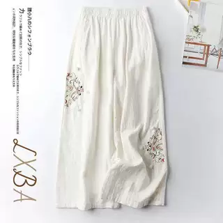 棉麻休闲裤女裤春夏薄款复古民族风刺绣阔腿裤百搭显瘦九分裤女潮