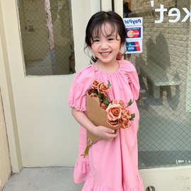 2023夏款新款女童复古连衣裙宝宝甜美可爱泡泡袖裙子纯色韩式长裙