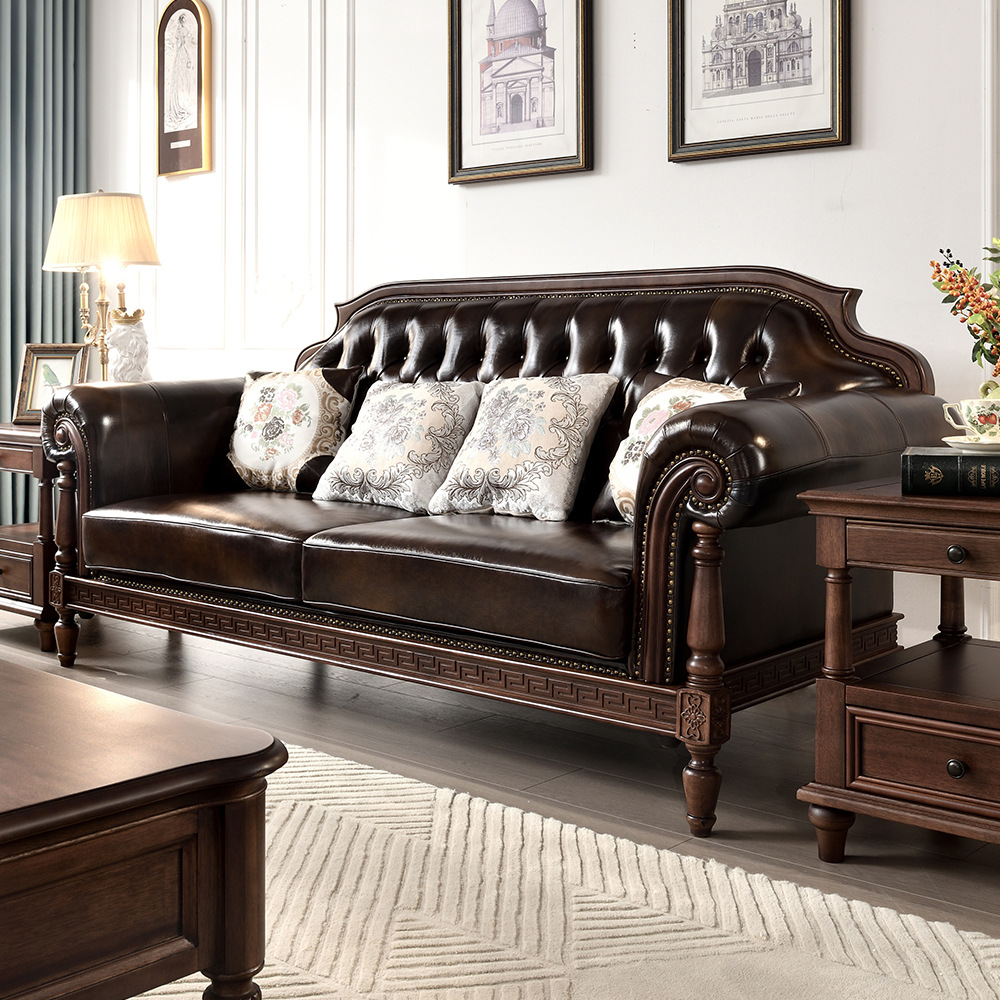 美式乡村实木真皮沙发 小户型客厅复古 单双三人拉扣沙发茶几组合