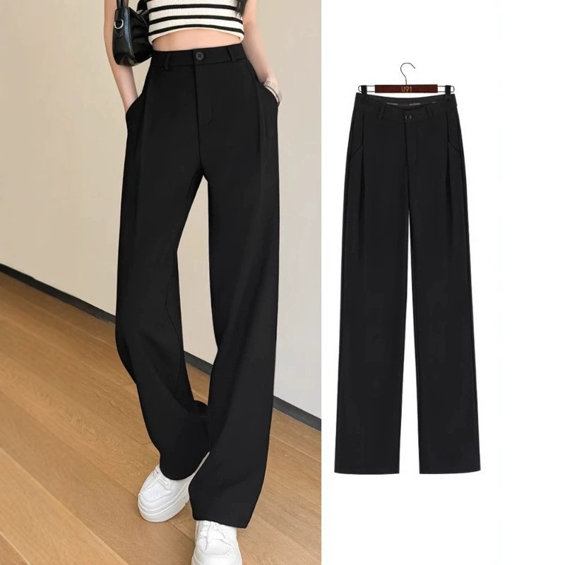 Black Women's Suit Pants, Spring and Autumn 2026 New Style, High-Waisted, Casual Wide-Leg, Straight-Cut, High-End Drape, Floor-Length Trousers