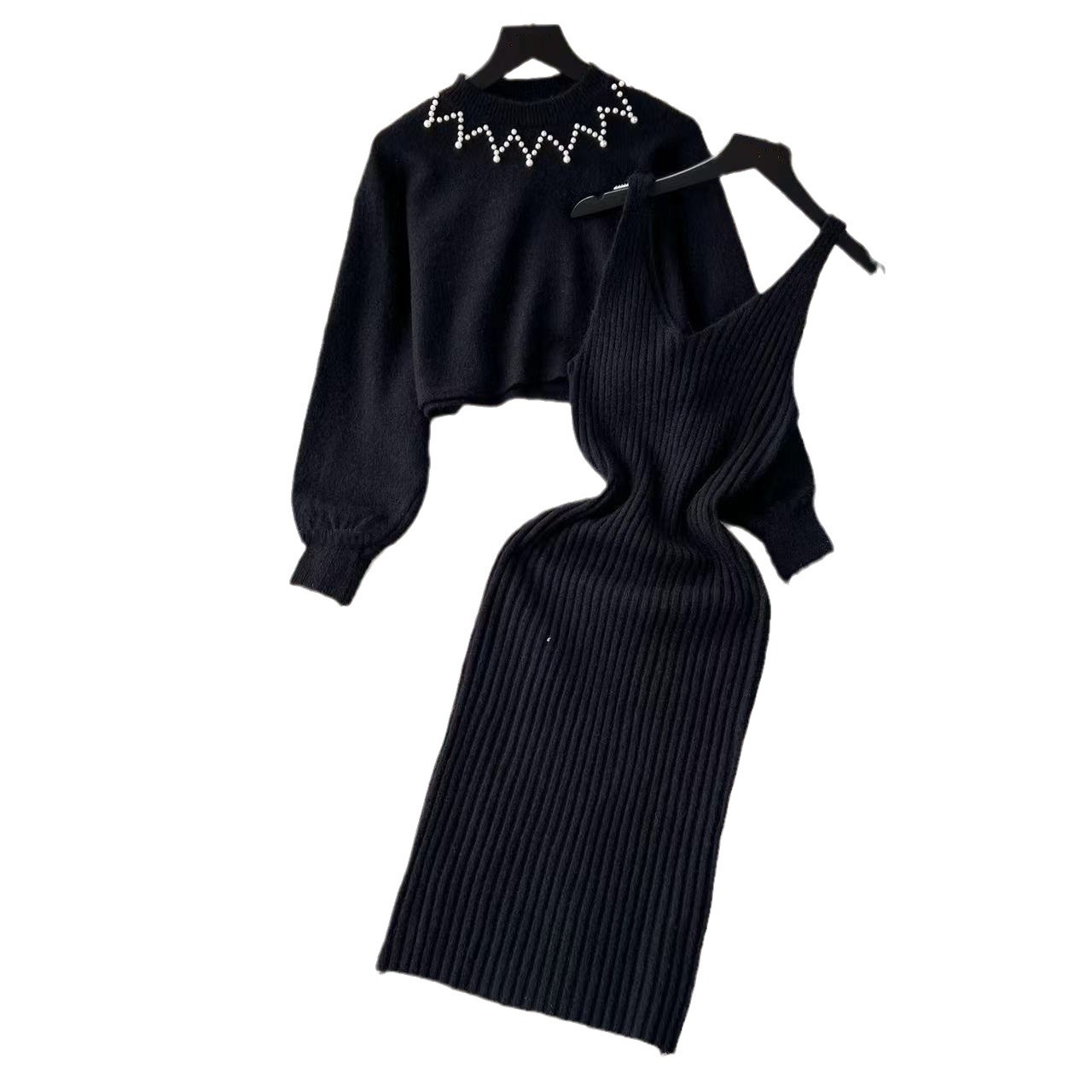 Maglione a due pezzi con ombelico esposto, stile corto, girocollo, perline, vita alta, temperamento, ragazza piccante, lavorato a maglia_voghion.com